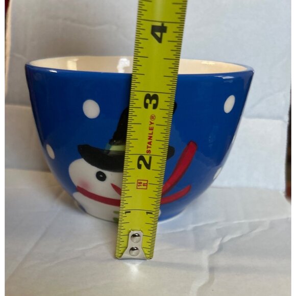 Mary Engelbreit Hand Painted Snowman Bowls Set 2 ND Blue White Polka Dot Winter - Picture 3 of 10